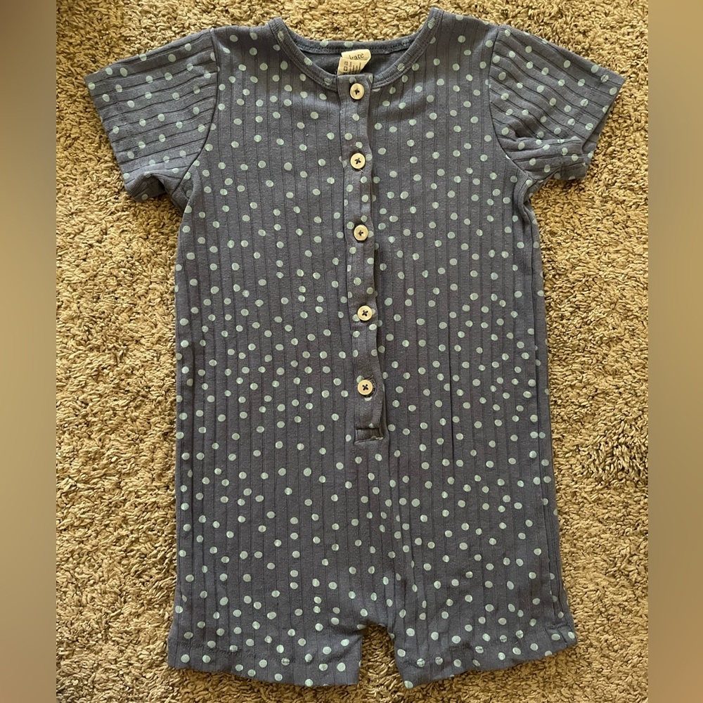 Kate Quinn Blue Romper with Mint Dots